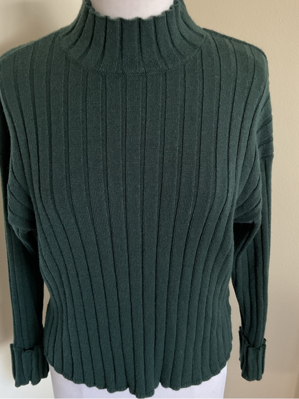 Poof Apparel Forest Green Ribbed Cowl Neck Sweater Large Soft Stretch Knit - Picture 3 of 5